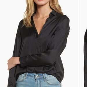 NWT Lush Satin Henley Shirt Blouse Black Size S